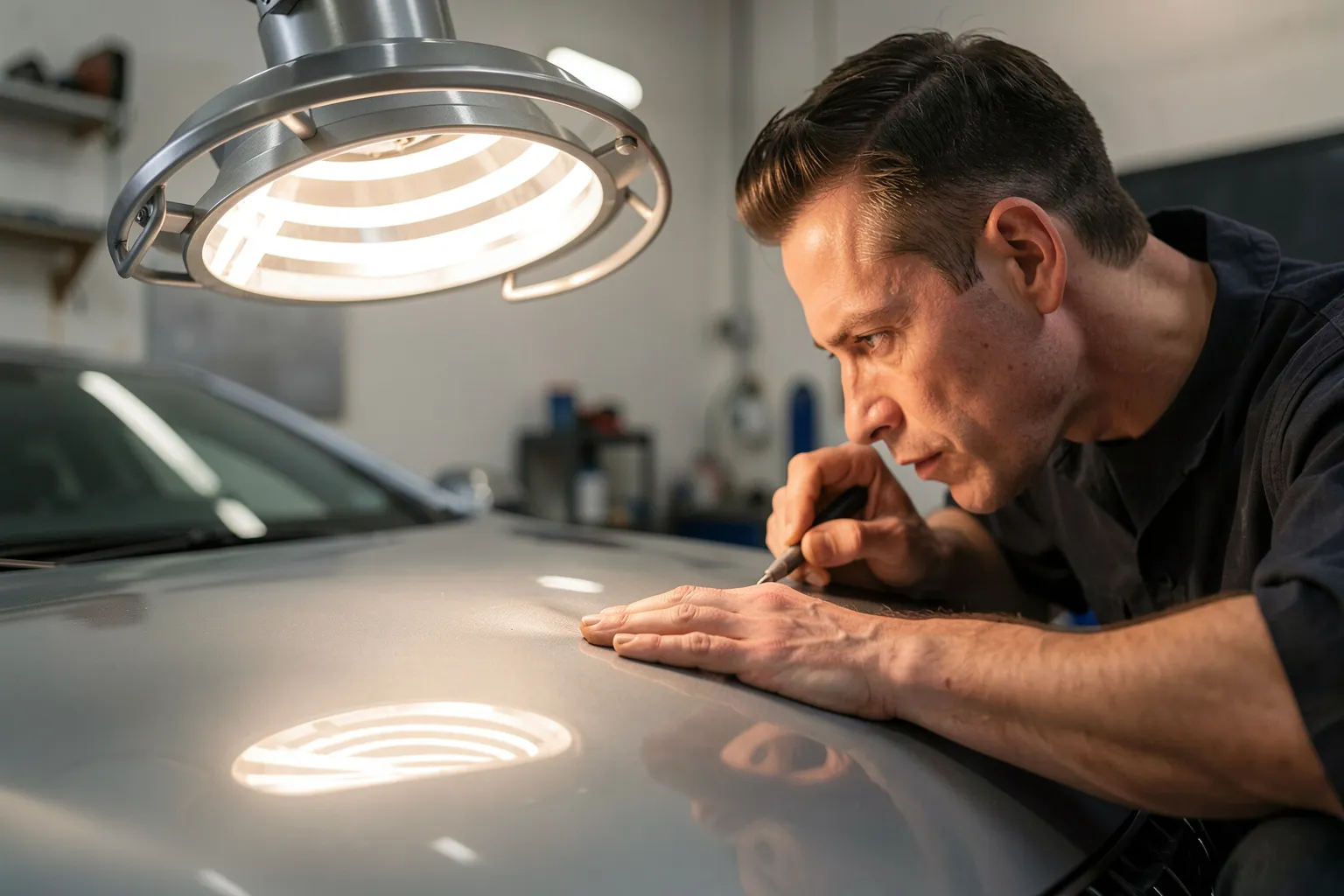 Un technicien inspecte une bosse sur un capot sous la lampe à bandes