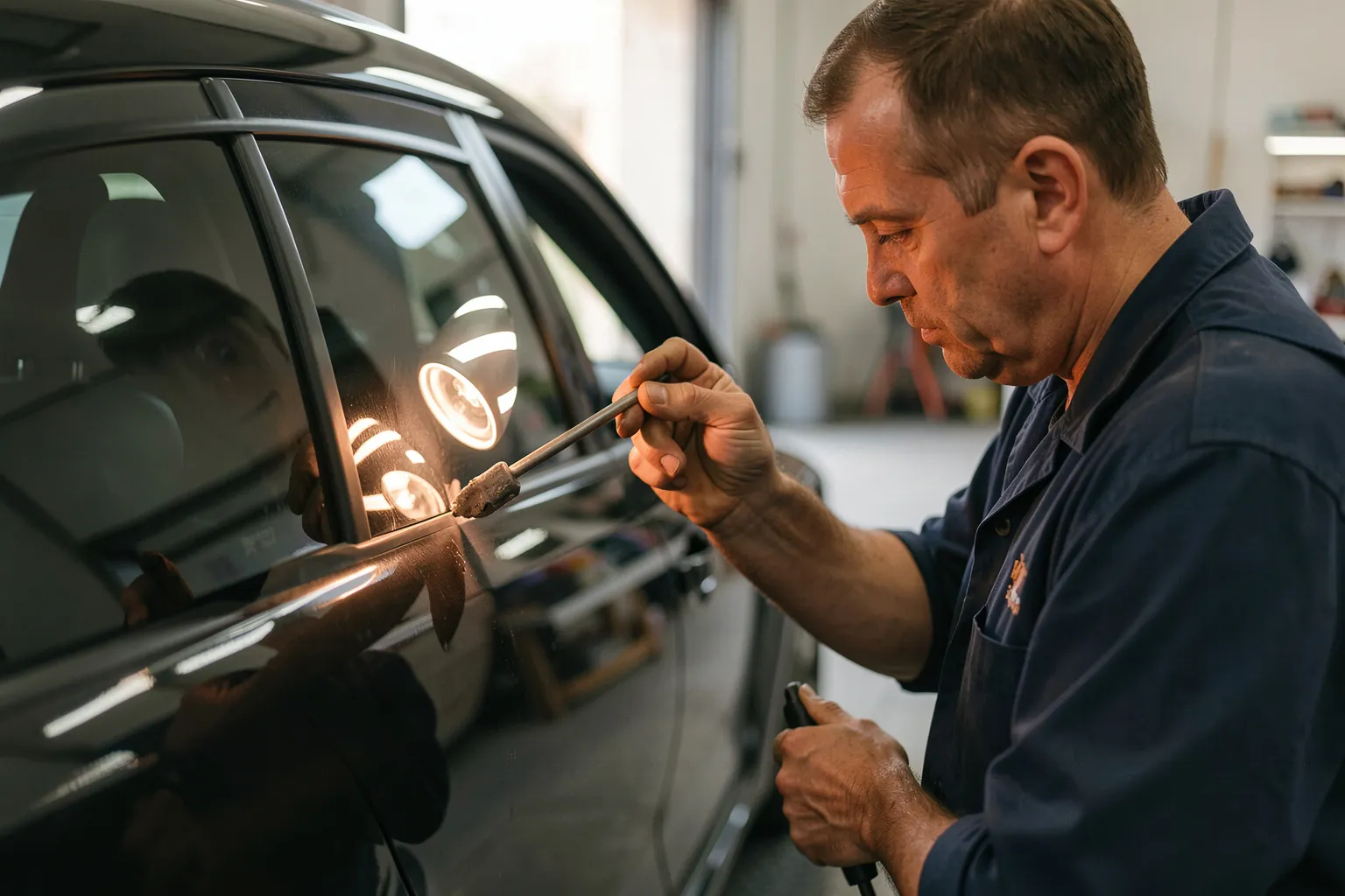 Un technicien repousse une bosse sans peinture en lisant les reflets de la lampe