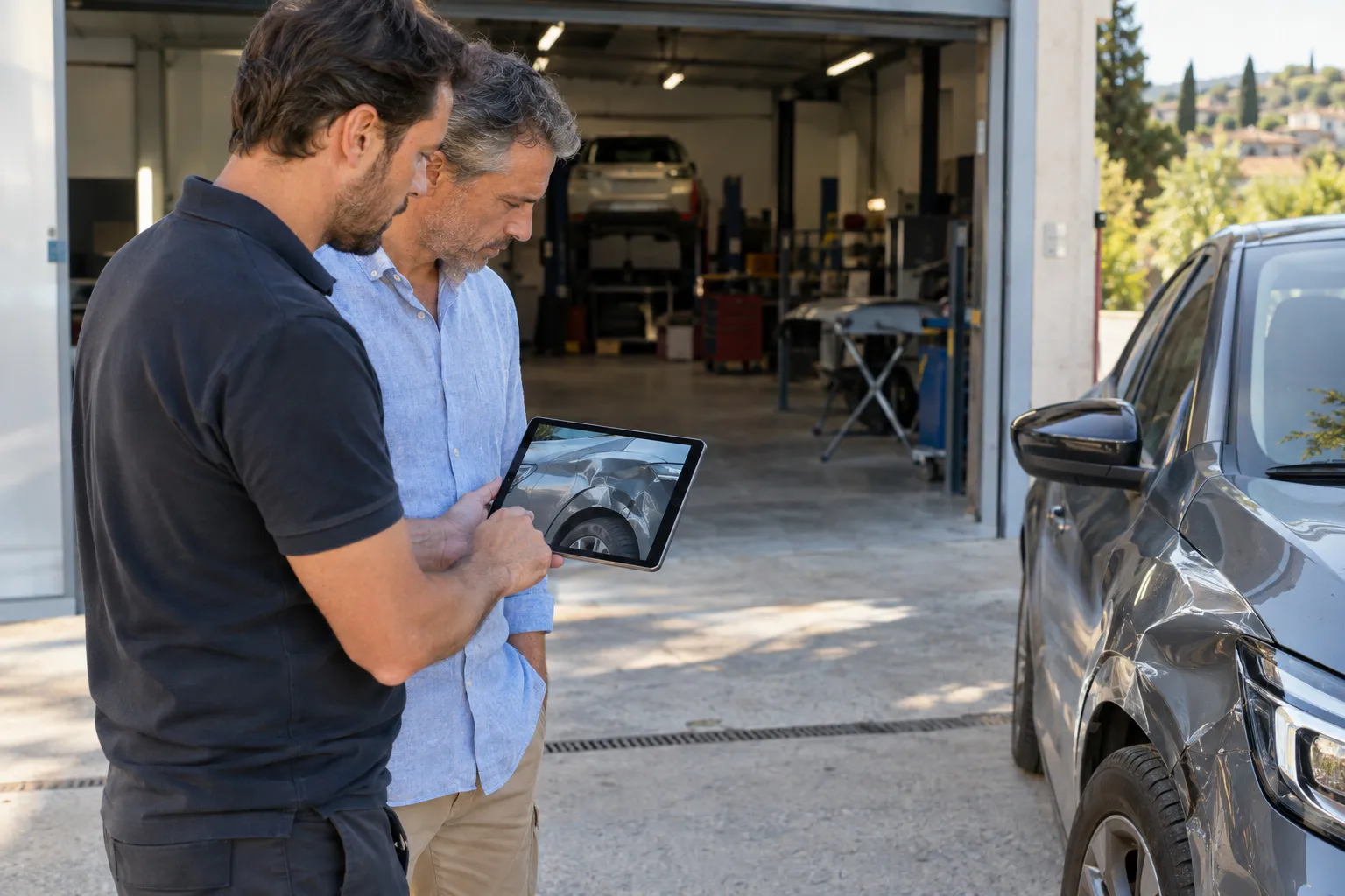 Devant la porte de l’atelier, un conseiller montre un devis sur tablette à un client, à côté de l’aile abîmée de sa voiture.