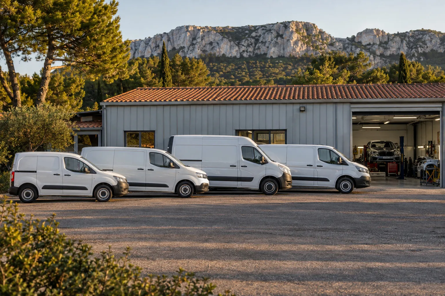 Parking d'une zone d'activité provençale : bâtiments bas aux murs gris clair, quelques véhicules garés en ligne, pins d'Alep et une crête calcaire en fond.