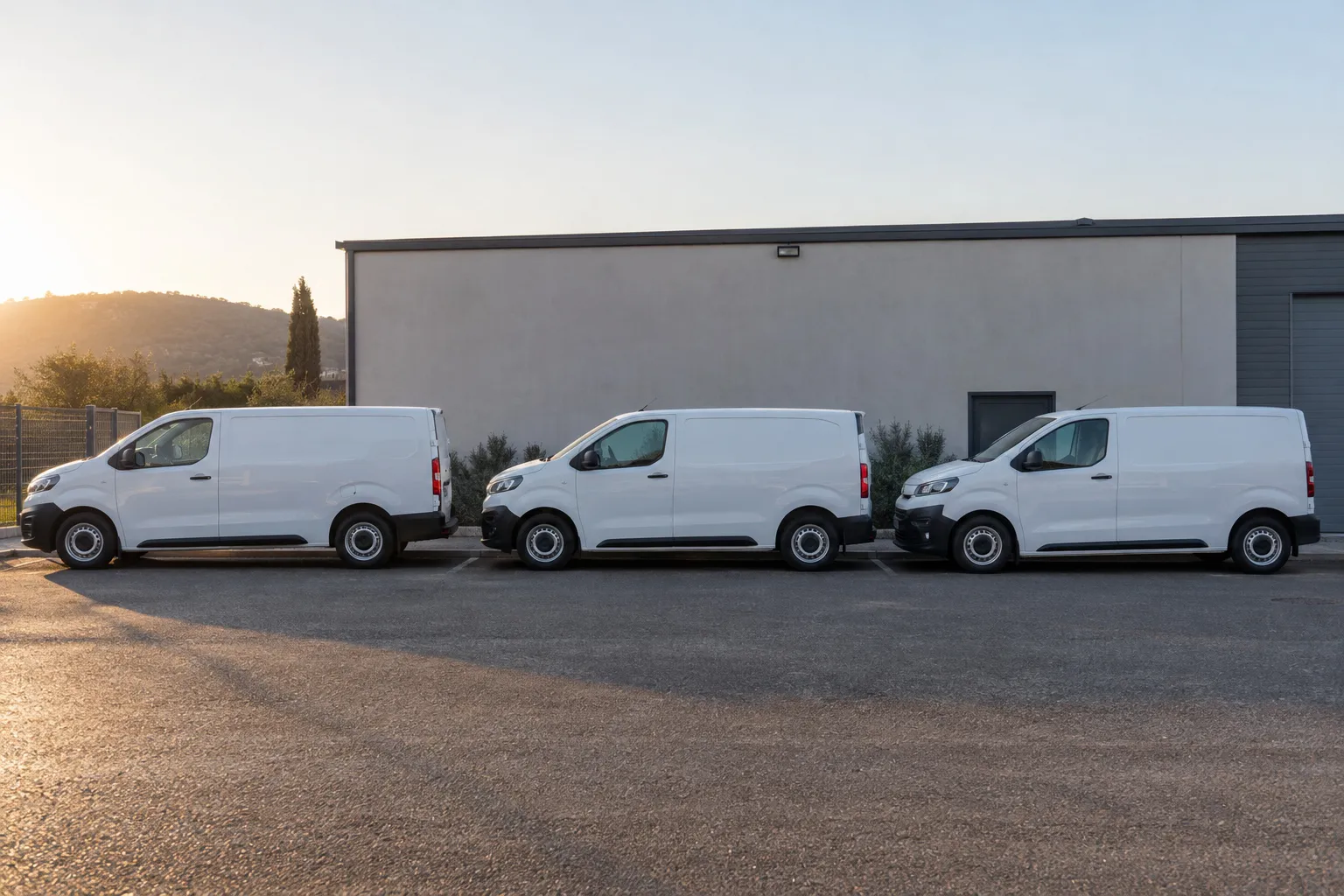 Petits utilitaires blancs alignés sur un parking d'entreprise, au petit matin.