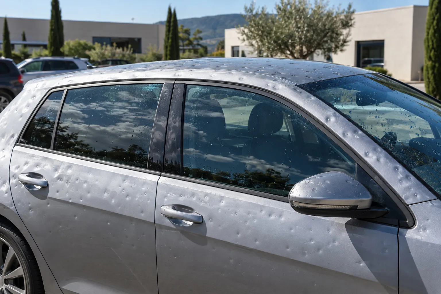 Toit et montant de pare-brise d'une compacte argentée grêlée, gouttes d'eau après l'orage, sur un parking de zone d'activité.